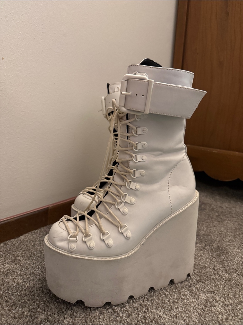 White Platform Lace-Up Ankle Boots with Buckle Strap